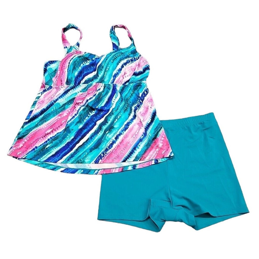 Kim Gravel x Swimsuits For All Trendy Printed Tankini w Bike Shorts Size 14 Teal
